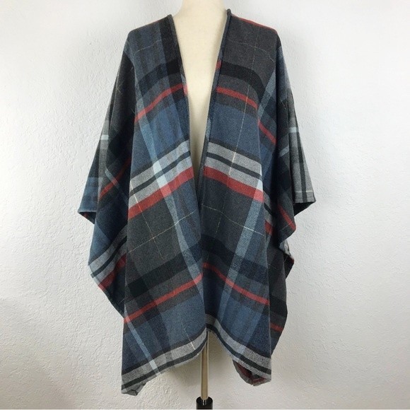 Merona Plaid Poncho Wool Cape Wrap Shawl Blue Black Gray Red Blanket Scarf Fall - Picture 1 of 16
